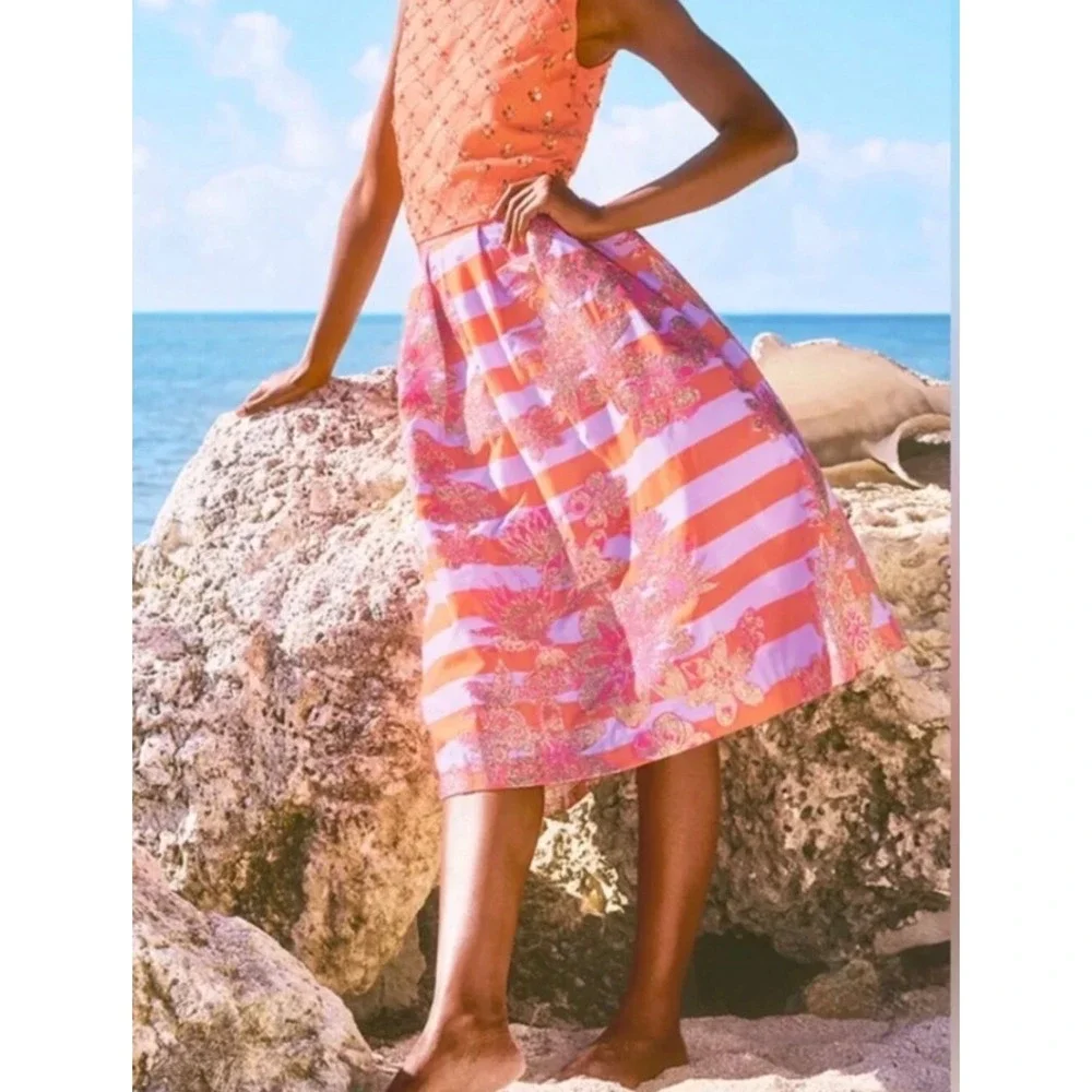 Lilly Pulitzer Lauderdale Midi Skirt Papaya 00 Orange Pink Gold Floral Metallic